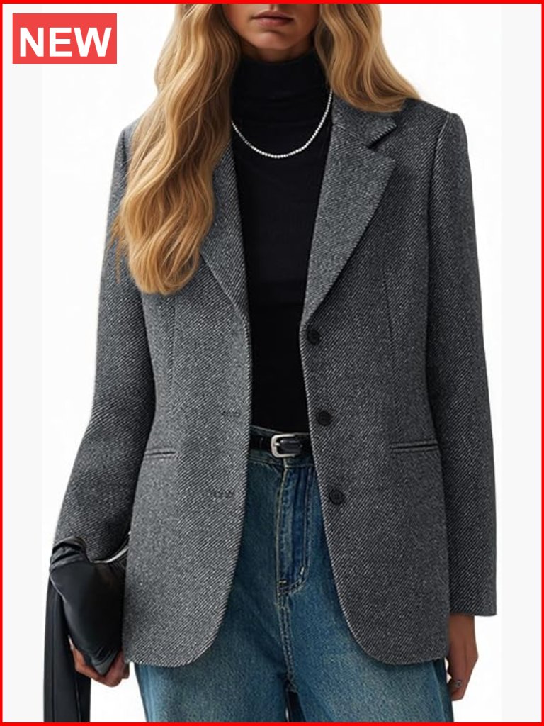 Tweed Blend Herringbone Blazer Lapel Collar Business Casual Office Jacket